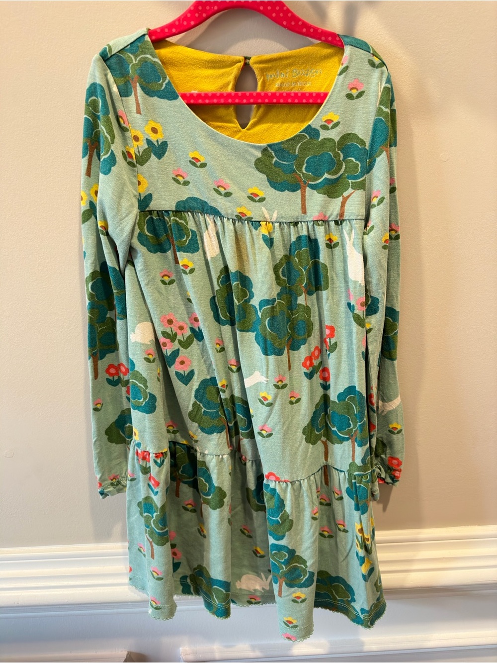 Mini Boden Floral Long-Sleeve Tiered Dress - Mint Green